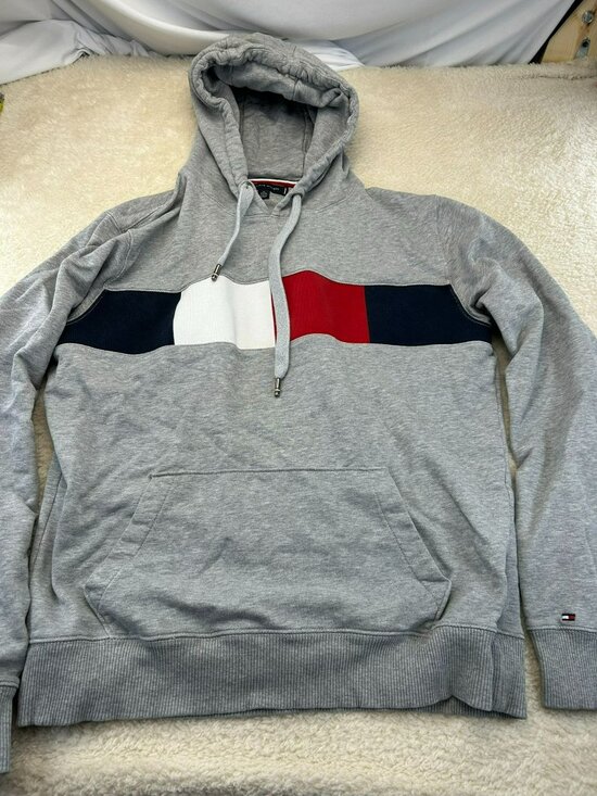 Tommy Hilfiger Other - Tommy Hilfiger Mens Hoodie Gray XL Cotton Blend Logo Colorblock Pull-Over Ribbed
